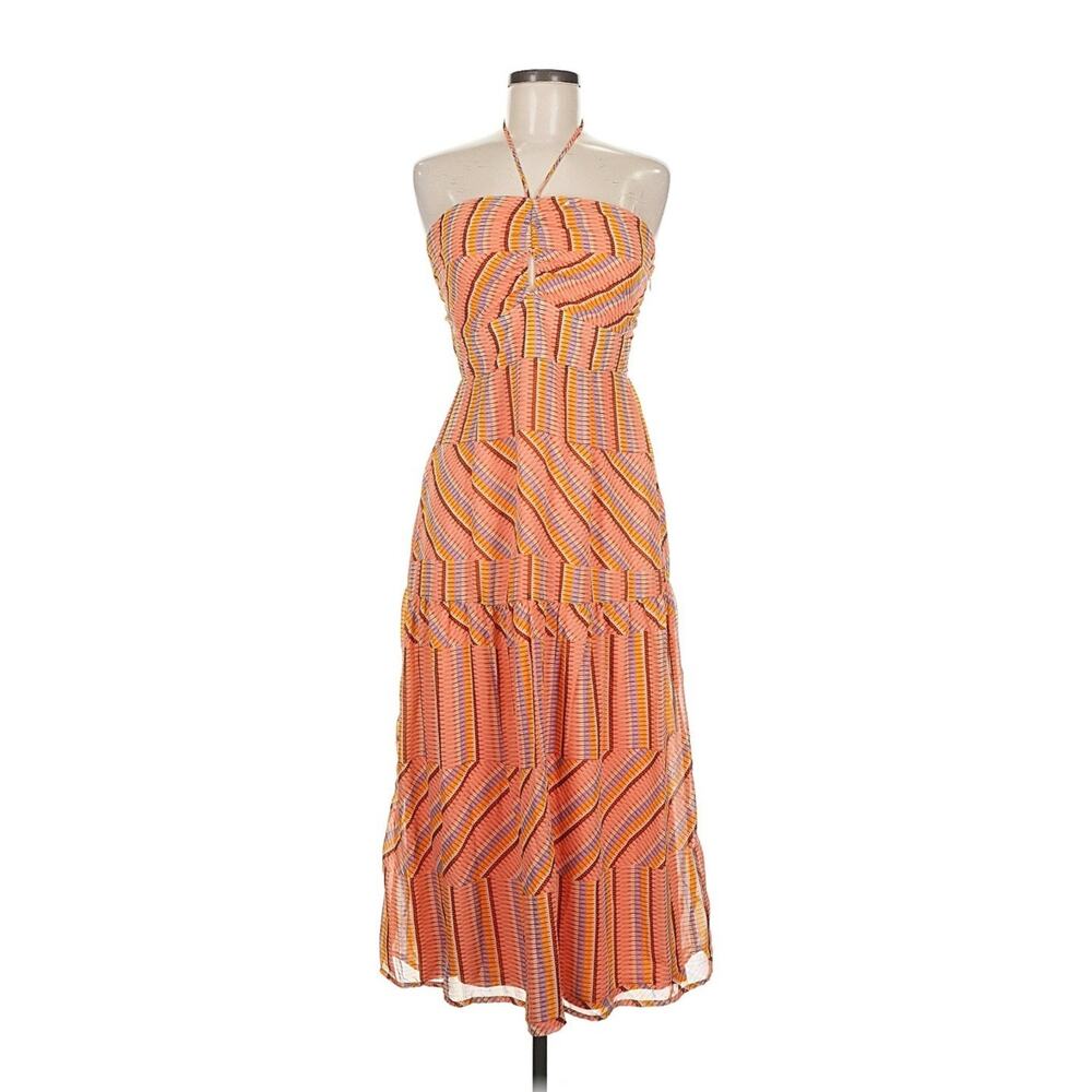 Eclair Women's Size L Striped Tiered Halter Maxi Dress Runched Bodice Y2K Boho